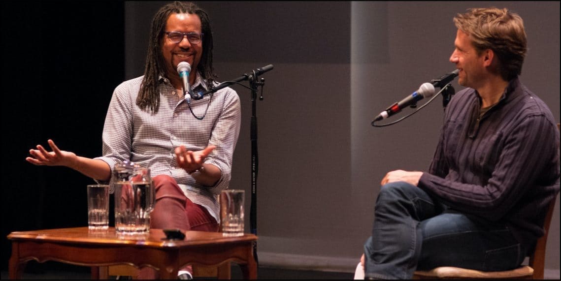 Two writers in conversation on a Vancouver Writers Fest stage