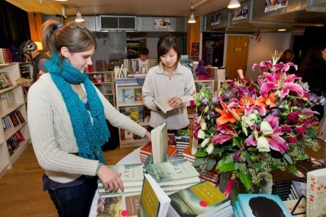 Festival-goers browsing books at the Festival bookstore