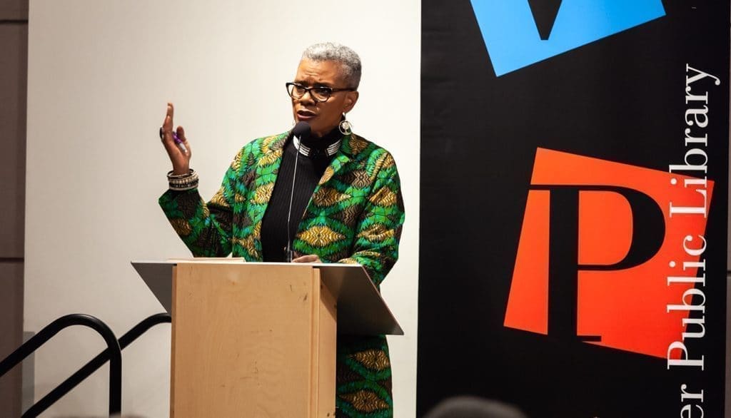 An author speaks at an Incite event at the Vancouver Public Library