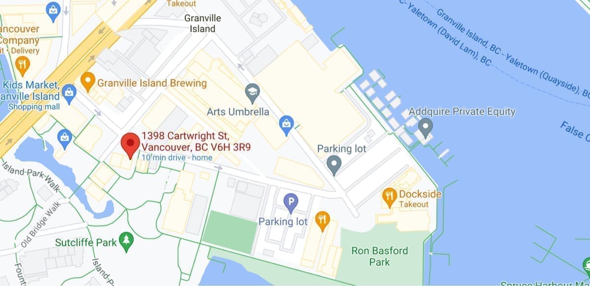 Map of Granville Island showing Vancouver Writers Fest Headquarters at 1398 Cartwright Street — open an interactive map